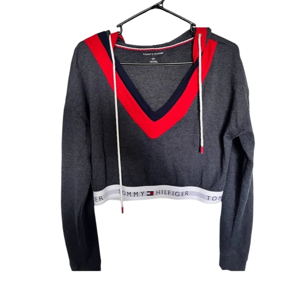 Vtg Y2K Preppy Tommy Hilfiger Gray Hooded Cropped Sweatshirt Top Sz L - Picture 5 of 9